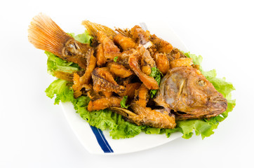 Thai food fried fish in white plate isolated on white background