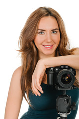 portrait of beauty woman with camera on white