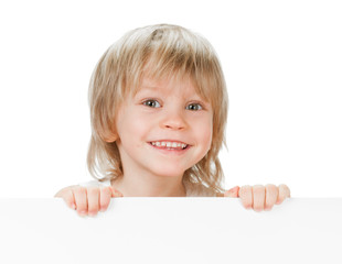 little boy with copy space desk on white background