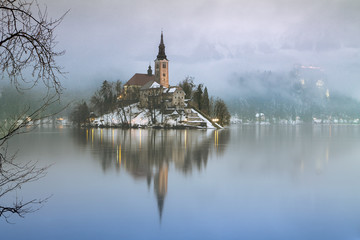 Foggy evening on Bled lake