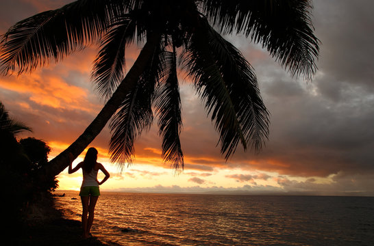 Silhouetted young woman by the palm tree on a beach, Vanua Levu