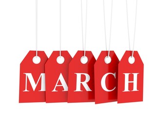 March tag on red hanging labels. March promotions.