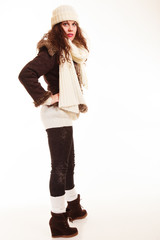 Winter fashion. Full length of curly girl woman in warm clothing