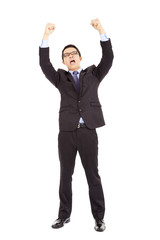 happy businessman raised up and shout loudly