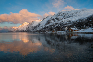 Fototapeta premium Landscape of Mountain reflection, Ersfjordbotn, Norway.