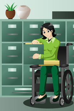 Businesswoman in wheelchair working in the office, filing files