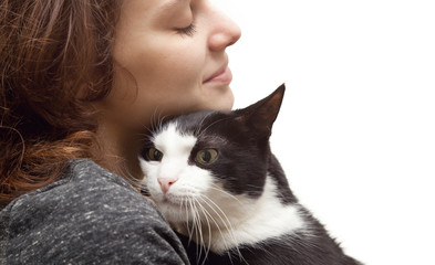 beautiful young woman  with monochrome black and white cat isola