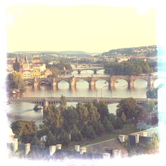 Fototapeta na wymiar Prague, view of the Vltava River and bridges in a morning fog