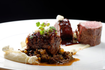 Haute cuisine, grilled veal fillet steak,veal tail with a sauce