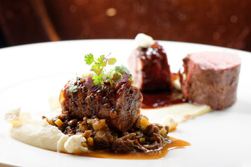 Haute cuisine, grilled veal fillet steak,veal tail with a sauce