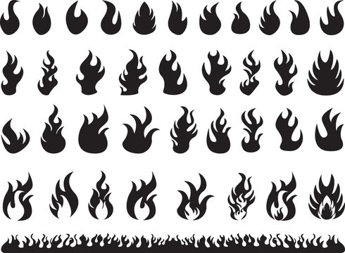 Set of black flames illustrated on white