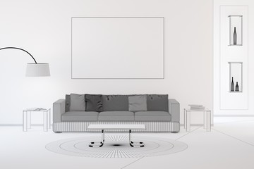 Wireframe CAD design of living room