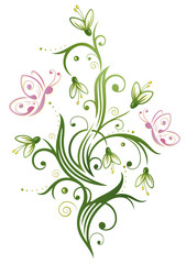 Frühlingsranke mit Schneeglöckchen und rosa Schmetterlingen