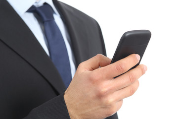 Close up of a business man hand holding and using a smart phone