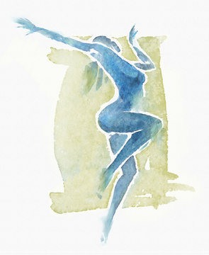Naked Modern Dancer Watercolor Blue -Green