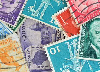 Close view of canceled vintage postage stamps