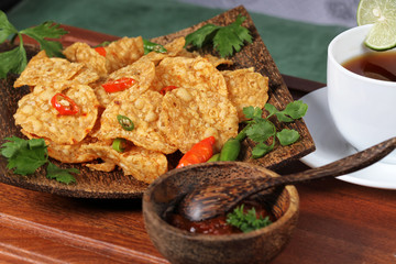 crispy fried and spicy tempeh, Indonesian food