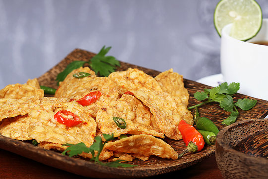 crispy fried and spicy tempeh, Indonesian food