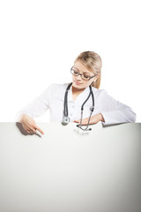 medical doctor woman with stethoscope hold board