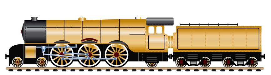 gold steam locomotive with wagon