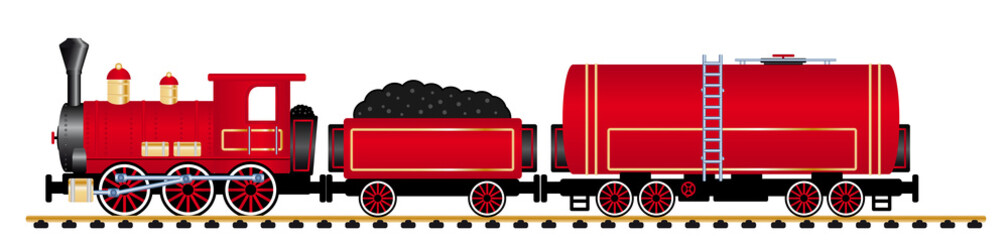 red steam locomotive with tank wagon