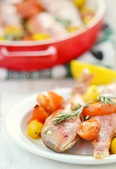 baked surmullet with cherry tomatoes,garlic and rosemary