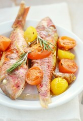 baked surmullet with cherry tomatoes,garlic and rosemary