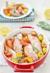 baked surmullet with cherry tomatoes,garlic and rosemary
