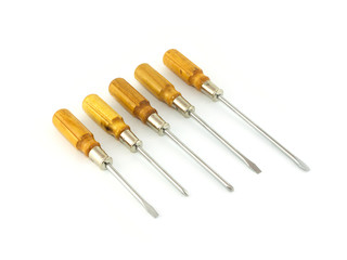 Five different sizes screwdrivers isolated diagonal view