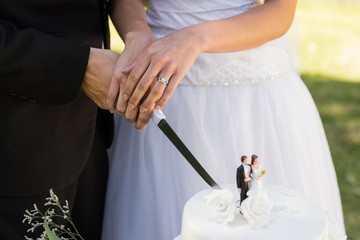 Mid section of a newlywed cutting wedding cake