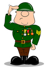 A saluting cartoon soldier in army uniform with medals