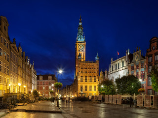 Long Street and City Hall at night in Gdansk, Poland.