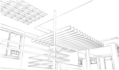Modern house sketch. Wireframe building illustration of architecture CAD drawing.