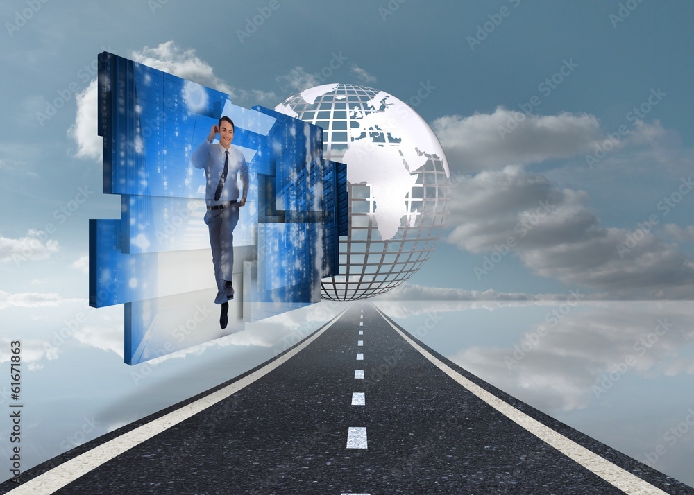 Poster Composite image of businessman in data center on abstract screen