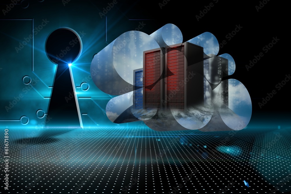 Poster Composite image of server towers on abstract screen
