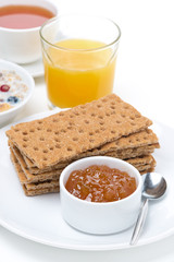 fresh breakfast - crisp bread with jam, orange juice, tea