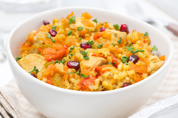 rice with vegetables, chicken and pomegranate, close-up