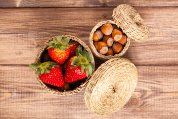 Fresh strawberries in a wicker basket