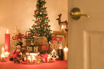 Christmas tree and presents in a room