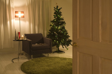 Christmas tree and sofa through the door