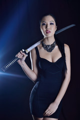 asian model and steel in black dress