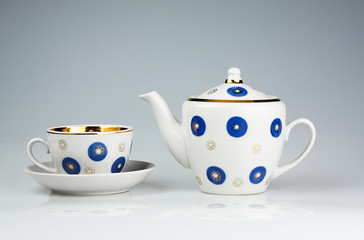 Porcelain Teapot Teacup Set Blue Gold Design