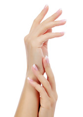 Female hands on white background