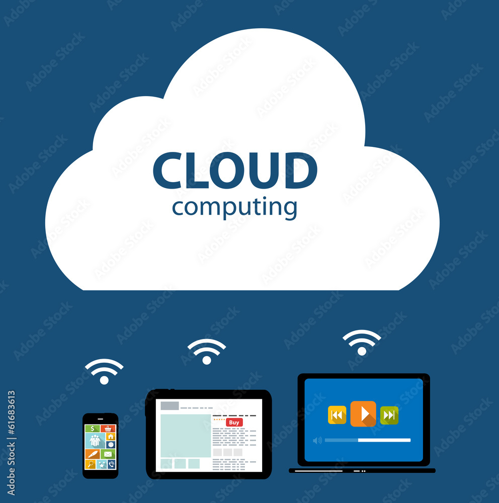 Poster cloud computing concept on different electronic devices. vector