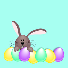 Brauner Hase hinter bunten Eiern