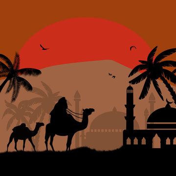 Bedouin Riding Camel During The Red Night