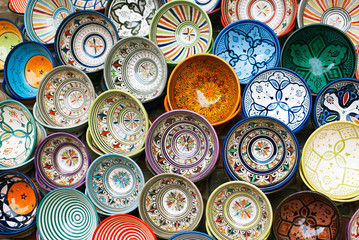 moroccan souk crafts souvenirs in medina, Essaouira, Morocco - obrazy, fototapety, plakaty