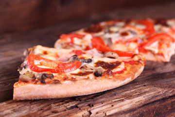 Pizza on a wooden table