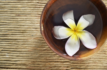 Fototapeta na wymiar White frangipani flower in water wooden bowl on mat