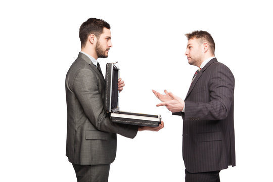 elegant man showing briefcase